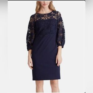 Ralph Lauren Navy Blue Floral Lace Midi Knee Length Half Sleeves Dress: size 14